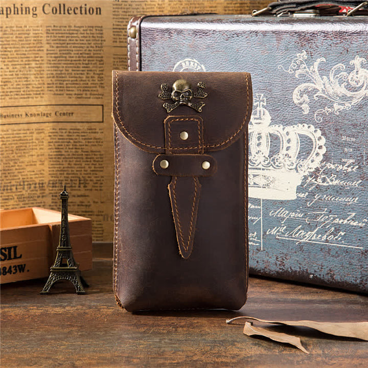 Borsa da cintura in pelle per cellulare con motivo a teschio verticale Crazy Horse