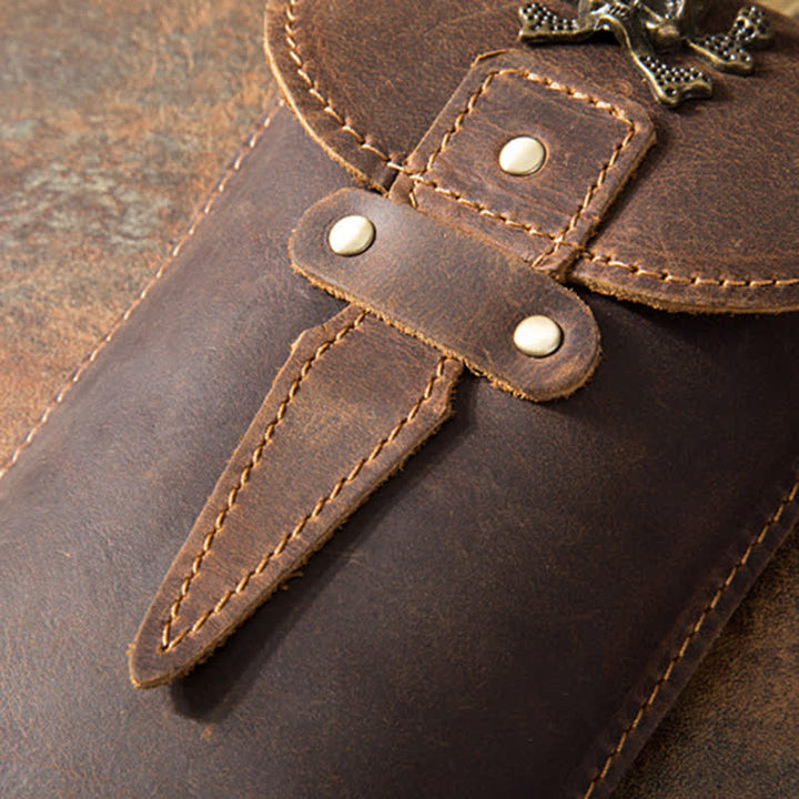 Borsa da cintura in pelle per cellulare con motivo a teschio verticale Crazy Horse