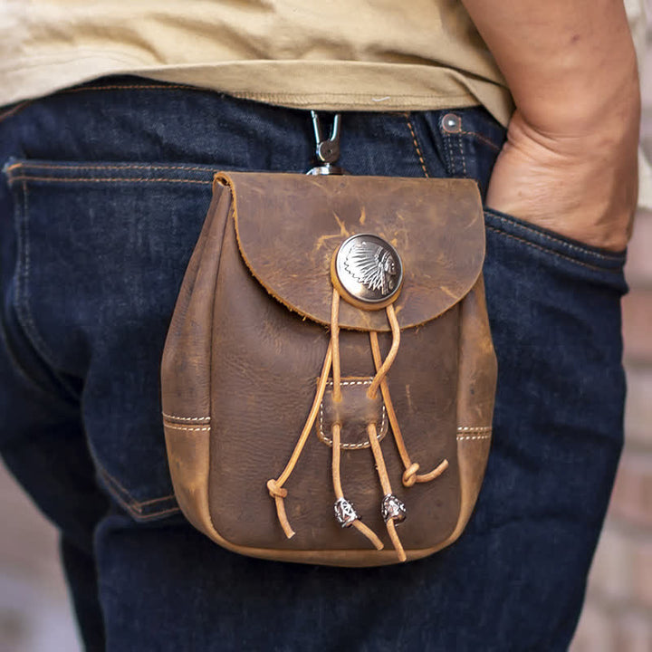 Portafoglio piccolo in stile indiano con coulisse e cintura in pelle di cavallo pazzo
