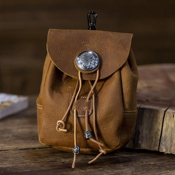 Portafoglio piccolo in stile indiano con coulisse e cintura in pelle di cavallo pazzo