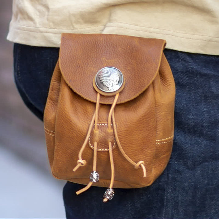 Portafoglio piccolo in stile indiano con coulisse e cintura in pelle di cavallo pazzo