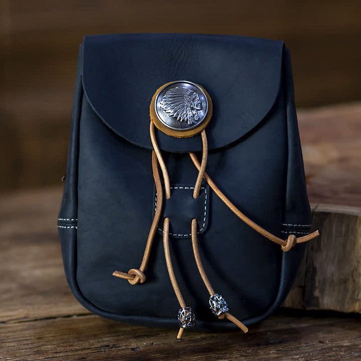 Portafoglio piccolo in stile indiano con coulisse e cintura in pelle di cavallo pazzo