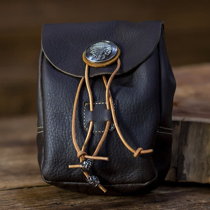 Portafoglio piccolo in stile indiano con coulisse e cintura in pelle di cavallo pazzo