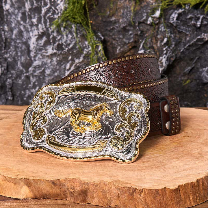 Cintura in pelle con fibbia da cowboy western fai da te con cavallo in corsa dorato - Cavallo in corsa - Cintura con rivetti marroni - 42 - image 8