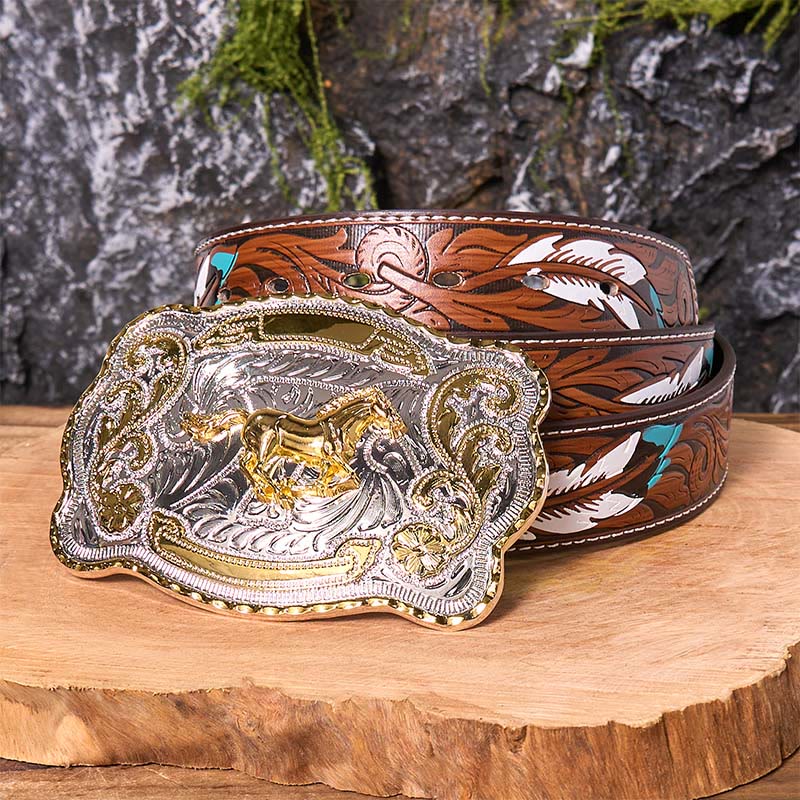 Cintura in pelle con fibbia da cowboy western fai da te con cavallo in corsa dorato - Cavallo in corsa - Cintura di piume marroni - 40 - image 11