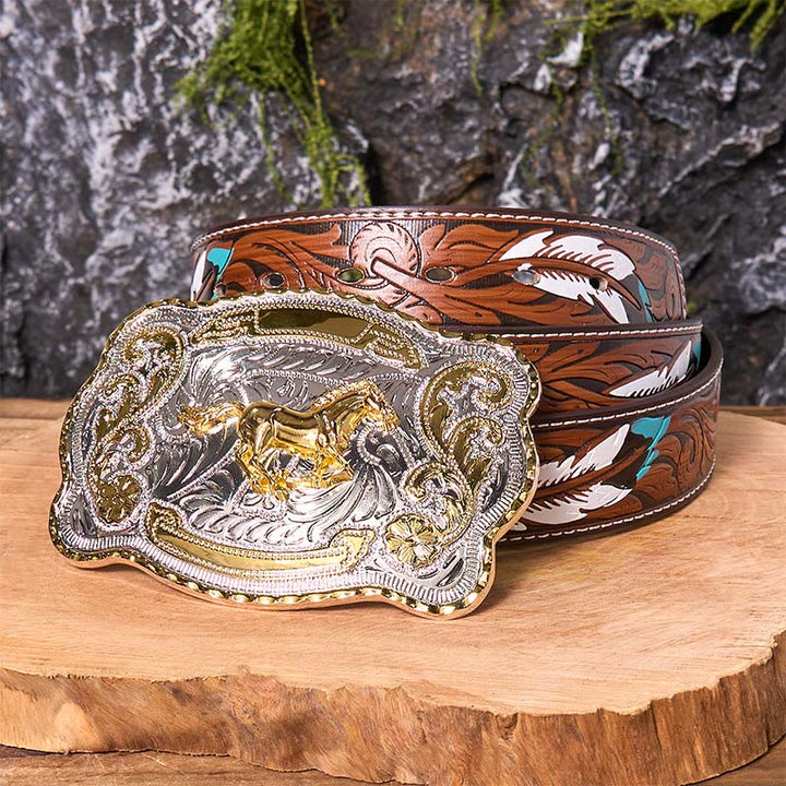 Cintura in pelle con fibbia da cowboy western fai da te con cavallo in corsa dorato - Cavallo in corsa - Cintura di piume marroni - 40 - image 11