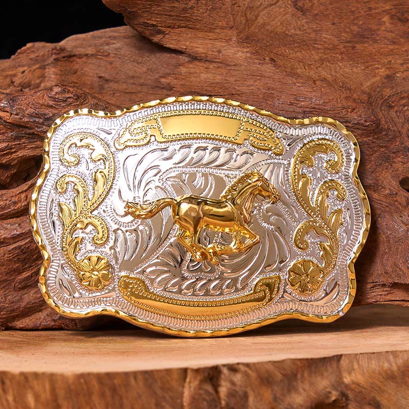 Cintura in pelle con fibbia da cowboy western fai da te con cavallo in corsa dorato - Cavallo in corsa - Senza cintura - Cintura non inclusa - image 1