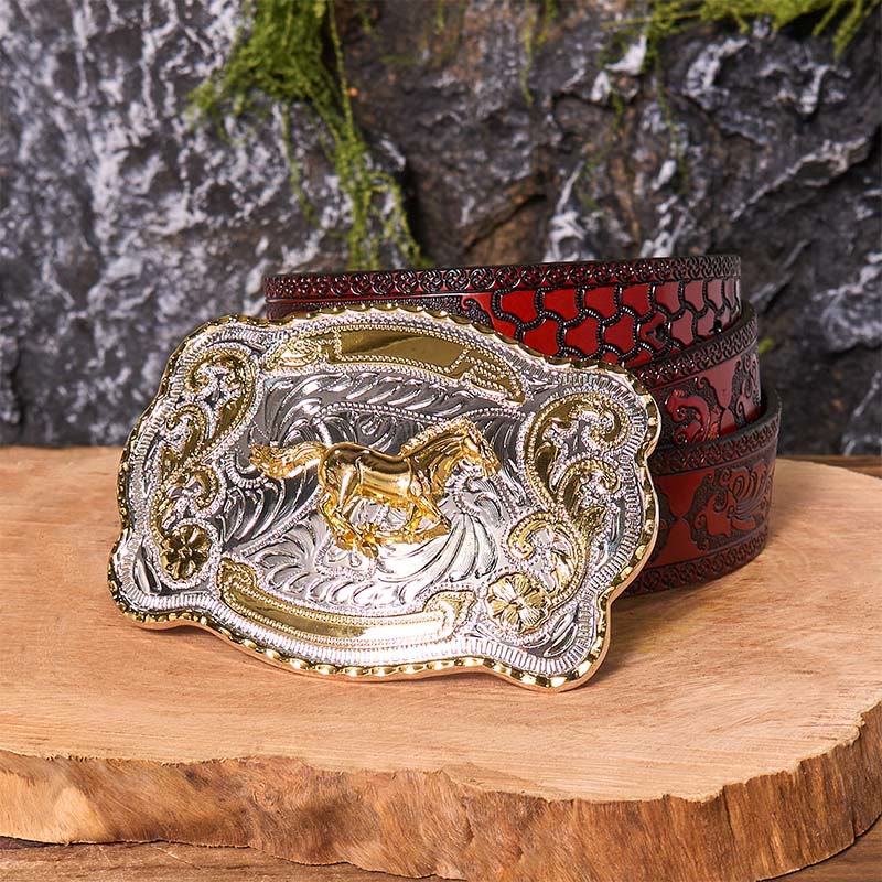 Cintura in pelle con fibbia da cowboy western fai da te con cavallo in corsa dorato - Cavallo in corsa - Cintura marrone intagliata - 42 - image 10