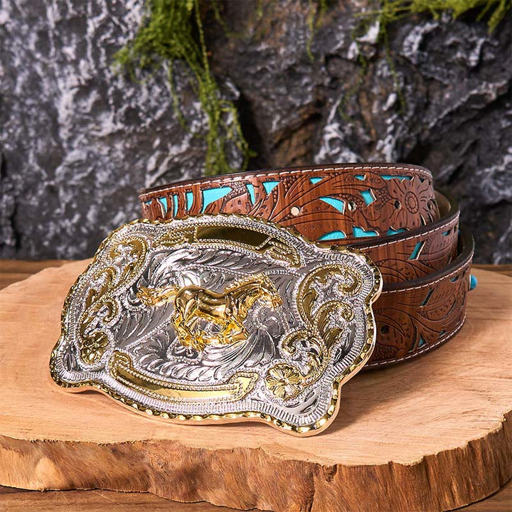 Cintura in pelle con fibbia da cowboy western fai da te con cavallo in corsa dorato - Cavallo in corsa - Cintura intagliata turchese - 42 - image 7