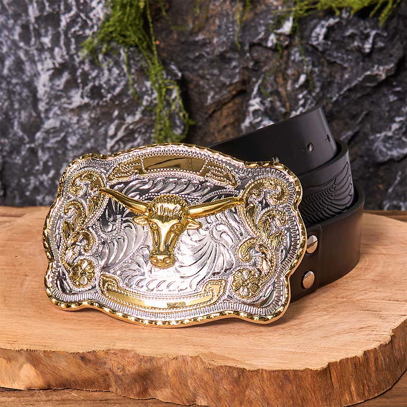 Cintura in pelle con fibbia da cowboy western fai da te con testa di toro d'oro - Testa di Toro d'Oro - Cintura aquila nera in rilievo - 42 - image 6