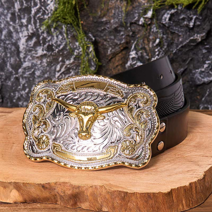 Cintura in pelle con fibbia da cowboy western fai da te con testa di toro d'oro - Testa di Toro d'Oro - Cintura aquila nera in rilievo - 42 - image 6