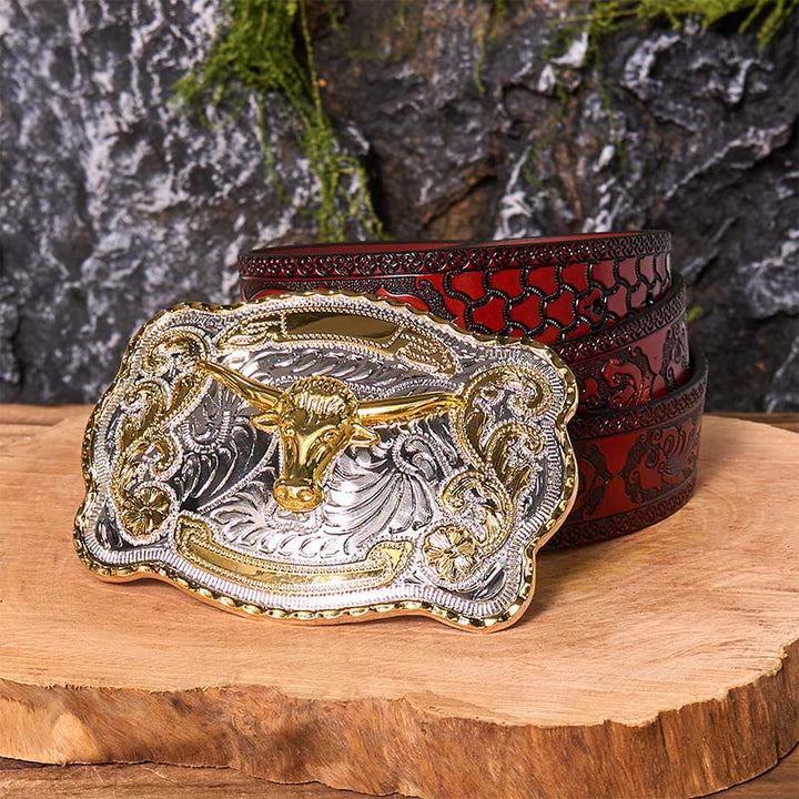 Cintura in pelle con fibbia da cowboy western fai da te con testa di toro d'oro - Testa di Toro d'Oro - Cintura marrone intagliata - 42 - image 10