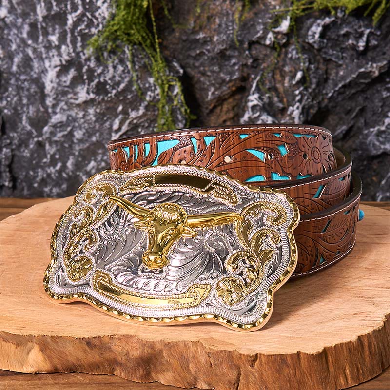 Cintura in pelle con fibbia da cowboy western fai da te con testa di toro d'oro - Testa di Toro d'Oro - Cintura intagliata turchese - 42 - image 7