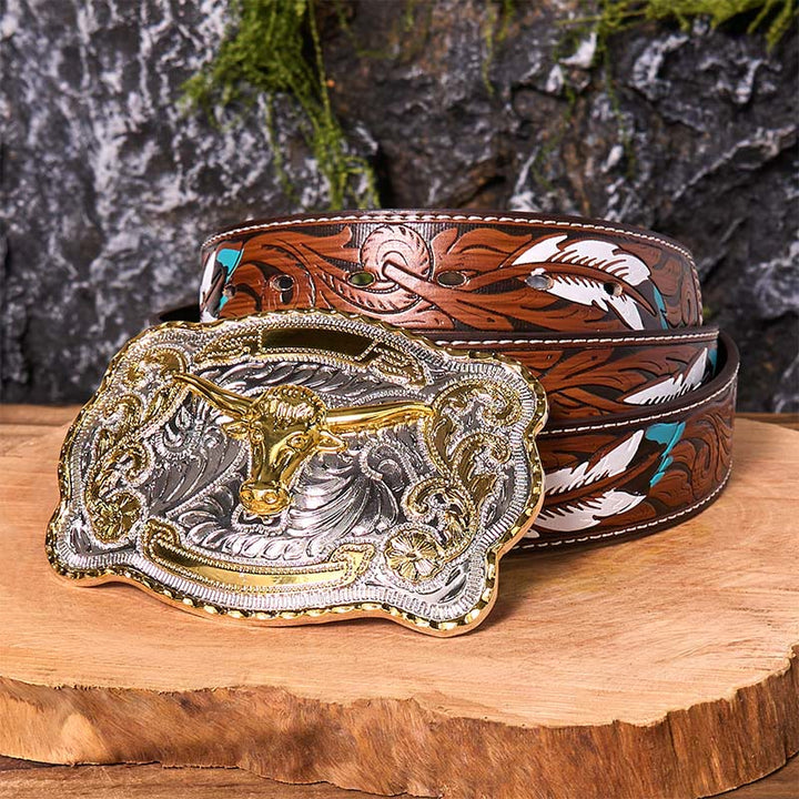 Cintura in pelle con fibbia da cowboy western fai da te con testa di toro d'oro - Testa di Toro d'Oro - Cintura di piume marroni - 40 - image 11