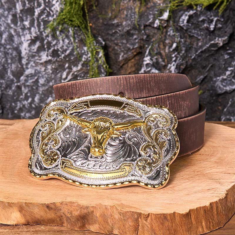Cintura in pelle con fibbia da cowboy western fai da te con testa di toro d'oro - Testa di Toro d'Oro - Cintura marrone anticata - 42 - image 9