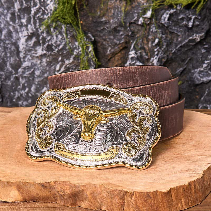 Cintura in pelle con fibbia da cowboy western fai da te con testa di toro d'oro - Testa di Toro d'Oro - Cintura marrone anticata - 42 - image 9