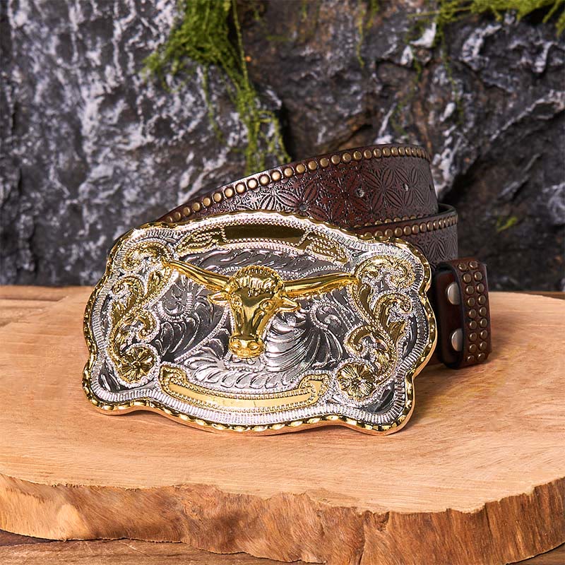 Cintura in pelle con fibbia da cowboy western fai da te con testa di toro d'oro - Testa di Toro d'Oro - Cintura con rivetti marroni - 42 - image 8