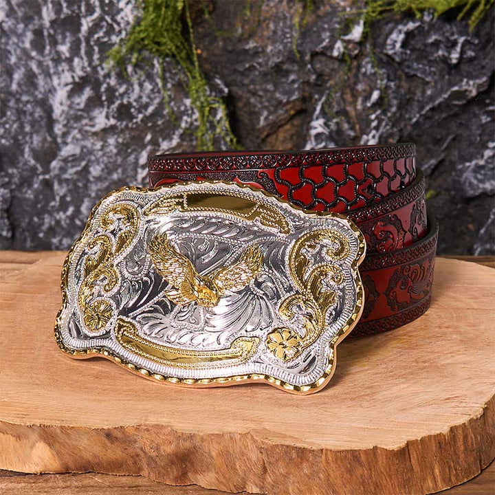 Cintura in pelle con fibbia da cowboy western fai da te con aquila volante dorata - Aquila volante - Cintura marrone intagliata - 42 - image 10