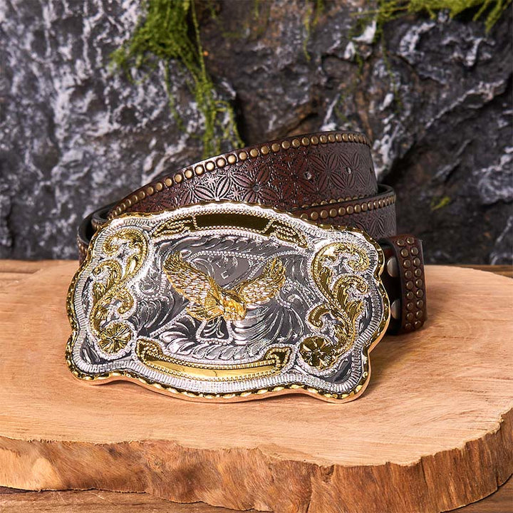 Cintura in pelle con fibbia da cowboy western fai da te con aquila volante dorata - Aquila volante - Cintura con rivetti marroni - 42 - image 8