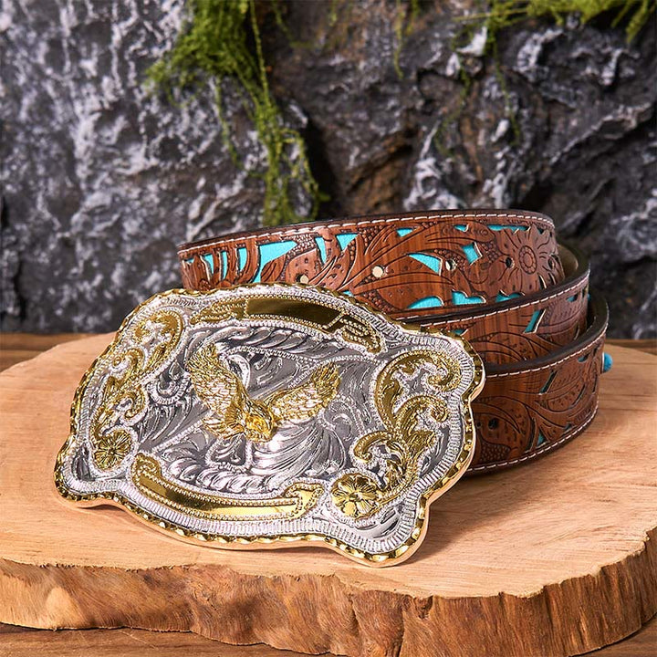 Cintura in pelle con fibbia da cowboy western fai da te con aquila volante dorata - Aquila volante - Cintura intagliata turchese - 42 - image 7