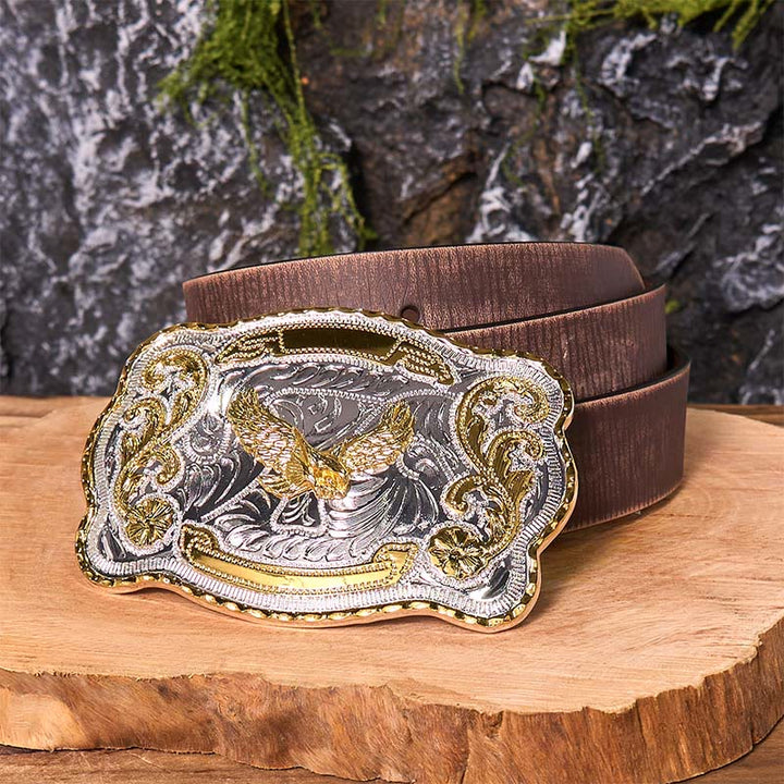 Cintura in pelle con fibbia da cowboy western fai da te con aquila volante dorata - Aquila volante - Cintura marrone anticata - 42 - image 9