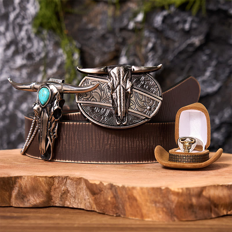 Set di fibbie per cintura fai da te con coltello nascosto a forma di teschio di corno di bue e anello di toro - Teschio di Longhorn - Cintura marrone anticata - 42 - image 6