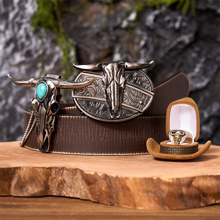 Set di fibbie per cintura fai da te con coltello nascosto a forma di teschio di corno di bue e anello di toro - Teschio di Longhorn - Cintura marrone anticata - 42 - image 6