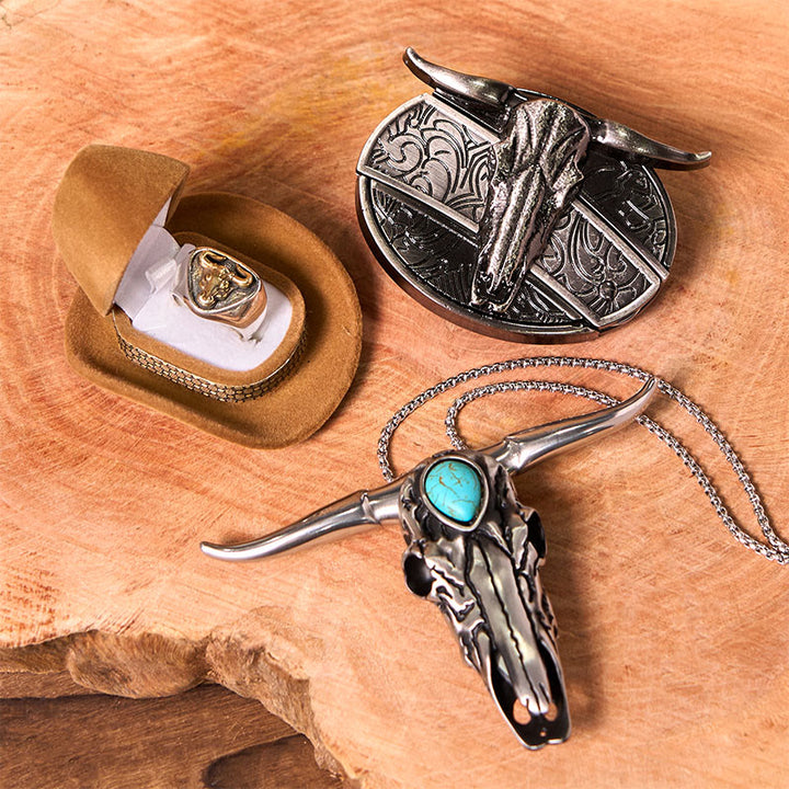 Set di fibbie per cintura fai da te con coltello nascosto a forma di teschio di corno di bue e anello di toro - Teschio di Longhorn - Senza cintura - Cintura non inclusa - image 1