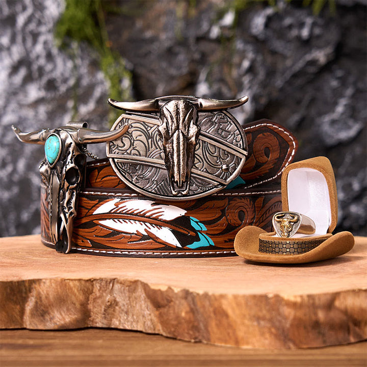Set di fibbie per cintura fai da te con coltello nascosto a forma di teschio di corno di bue e anello di toro - Teschio di Longhorn - Cintura di piume marroni - 40 - image 0