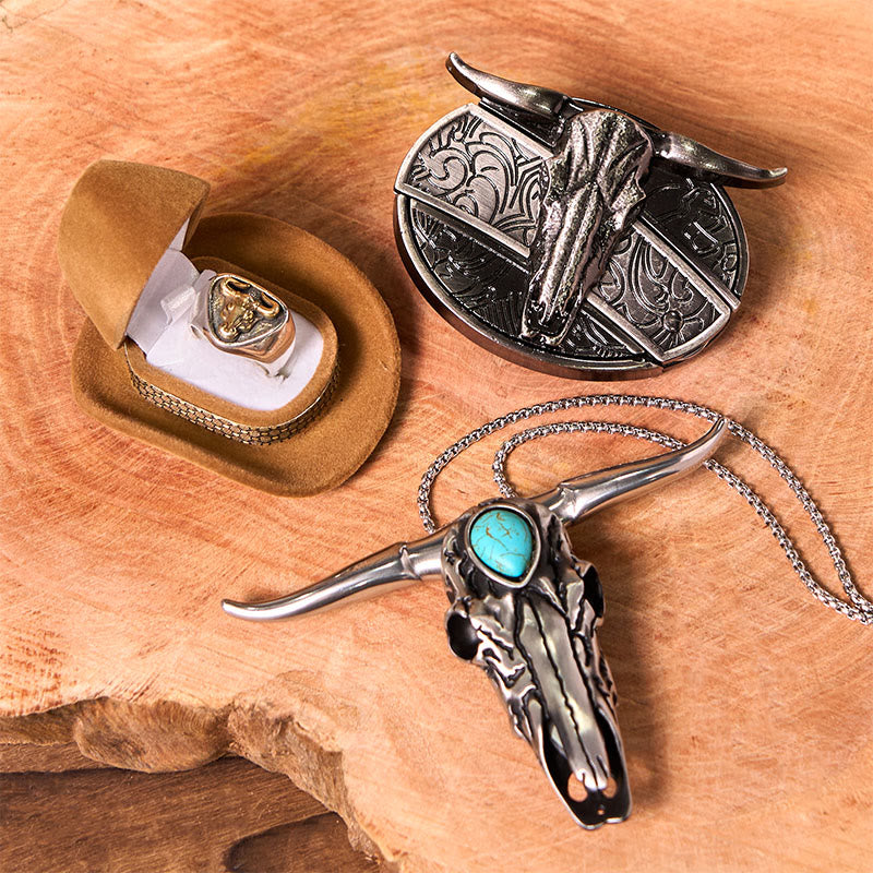 Set di fibbie per cintura fai da te con coltello nascosto a forma di teschio di corno di bue e anello di toro - Teschio di Longhorn - Senza cintura - Cintura non inclusa - image 1
