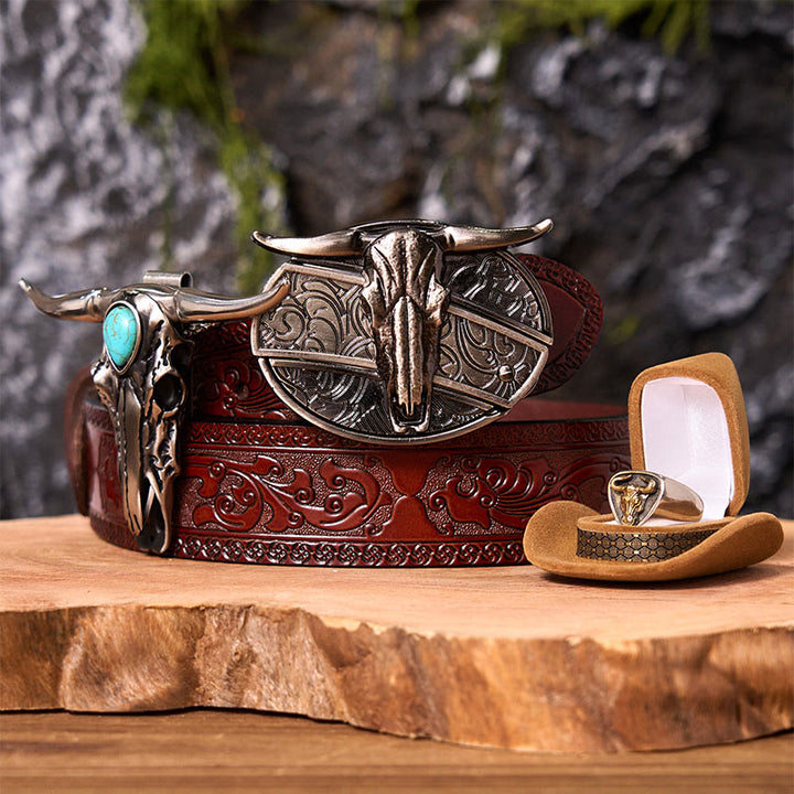 Set di fibbie per cintura fai da te con coltello nascosto a forma di teschio di corno di bue e anello di toro - Teschio di Longhorn - Cintura marrone intagliata - 42 - image 7