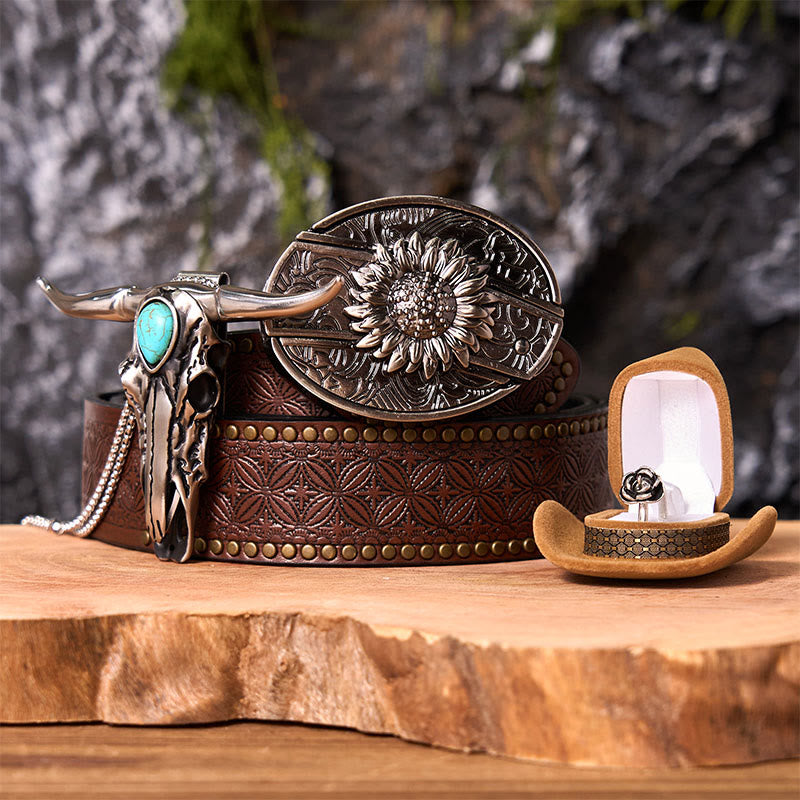 Set di fibbie per cintura fai da te con coltello nascosto a forma di girasole e ciondolo a forma di corno di cervo - Girasole - Cintura con rivetti marroni - 42 - image 5
