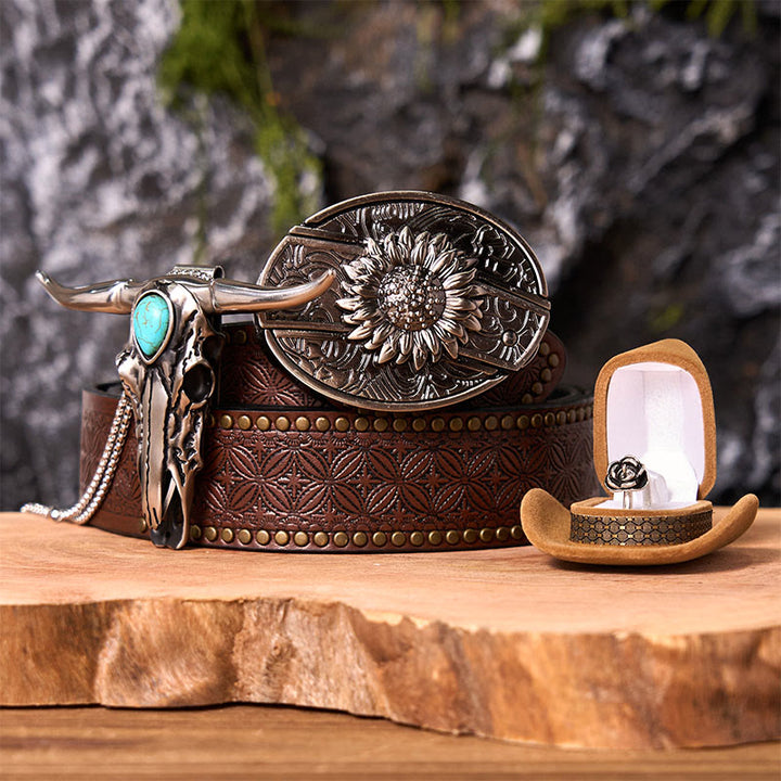 Set di fibbie per cintura fai da te con coltello nascosto a forma di girasole e ciondolo a forma di corno di cervo - Girasole - Cintura con rivetti marroni - 42 - image 5