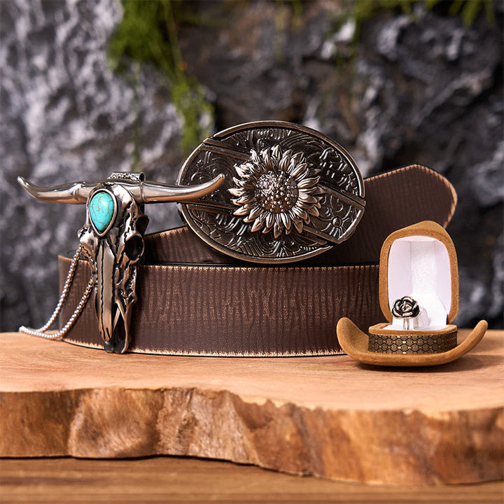 Set di fibbie per cintura fai da te con coltello nascosto a forma di girasole e ciondolo a forma di corno di cervo - Girasole - Cintura marrone anticata - 42 - image 6