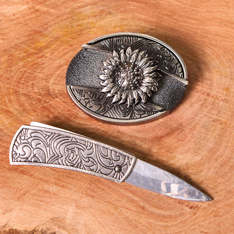 Set di fibbie per cintura fai da te con coltello nascosto a forma di girasole e ciondolo a forma di corno di cervo
