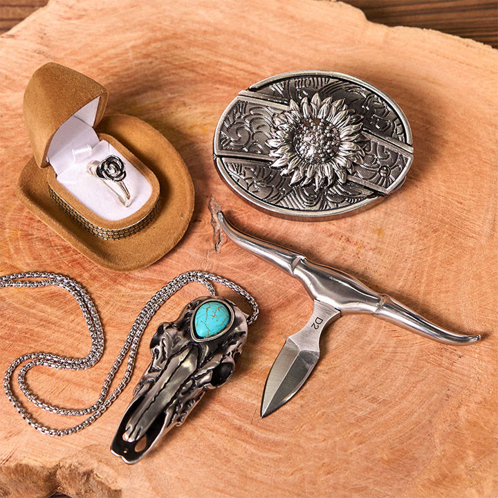Set di fibbie per cintura fai da te con coltello nascosto a forma di girasole e ciondolo a forma di corno di cervo