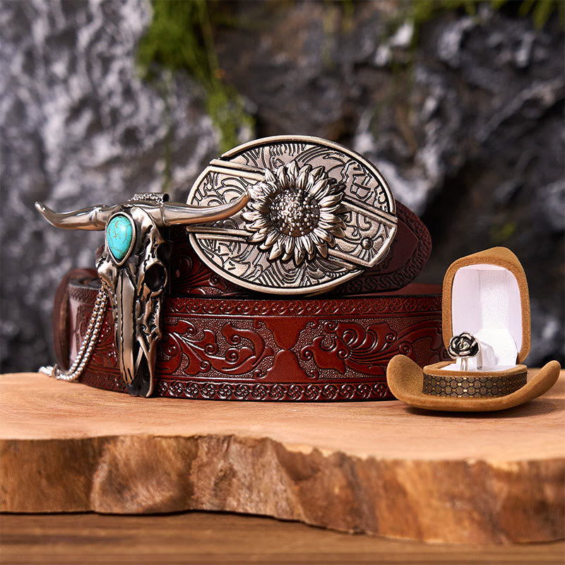 Set di fibbie per cintura fai da te con coltello nascosto a forma di girasole e ciondolo a forma di corno di cervo - Girasole - Cintura marrone intagliata - 42 - image 7