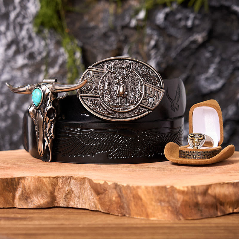 Set di fibbie per cintura con coltello nascosto fai da te a forma di cervo nella foresta con anello di toro - Cervo della foresta - Cintura con aquila in rilievo nera - 42 - image 3