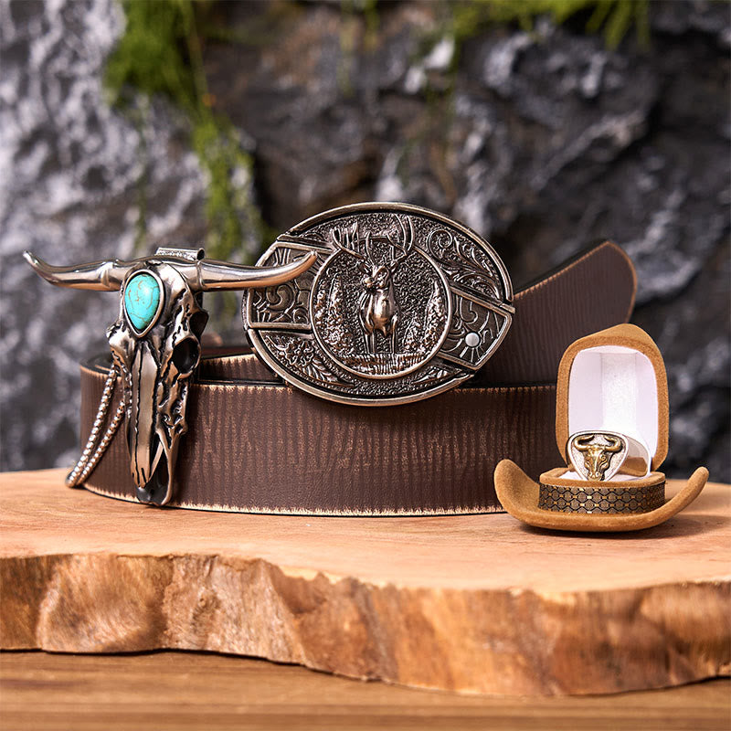 Set di fibbie per cintura con coltello nascosto fai da te a forma di cervo nella foresta con anello di toro - Cervo della foresta - Cintura marrone anticata - 42 - image 5