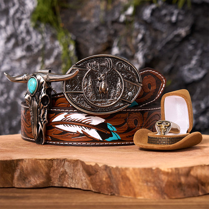 Set di fibbie per cintura con coltello nascosto fai da te a forma di cervo nella foresta con anello di toro - Cervo della foresta - Cintura di piume marroni - 40 - image 7
