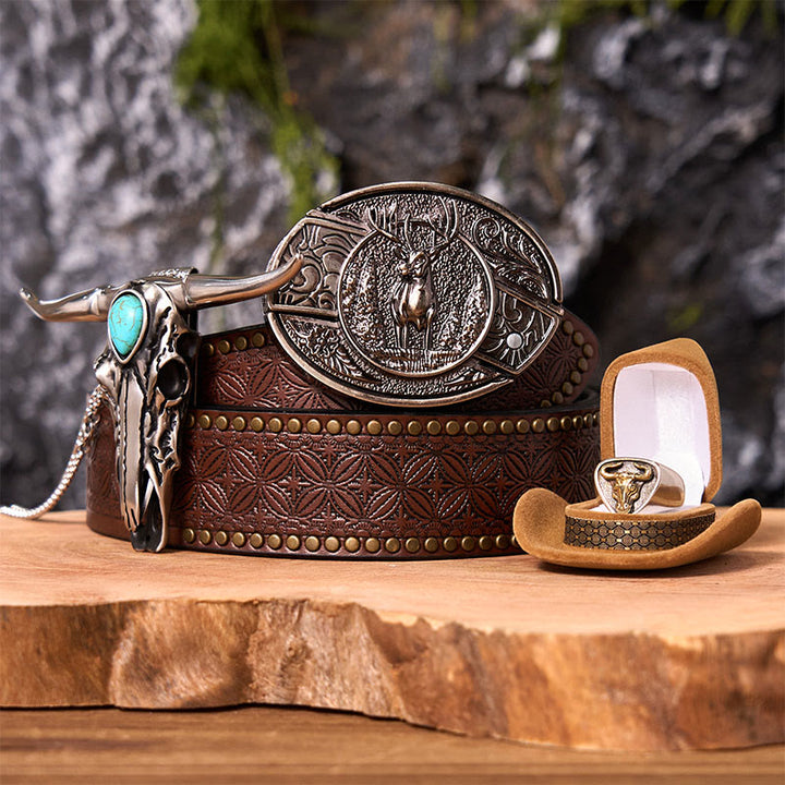 Set di fibbie per cintura con coltello nascosto fai da te a forma di cervo nella foresta con anello di toro - Cervo della foresta - Cintura con rivetti marroni - 42 - image 4