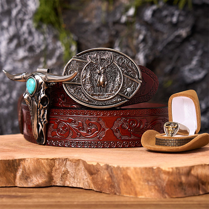 Set di fibbie per cintura con coltello nascosto fai da te a forma di cervo nella foresta con anello di toro - Cervo della foresta - Cintura marrone intagliata - 42 - image 6