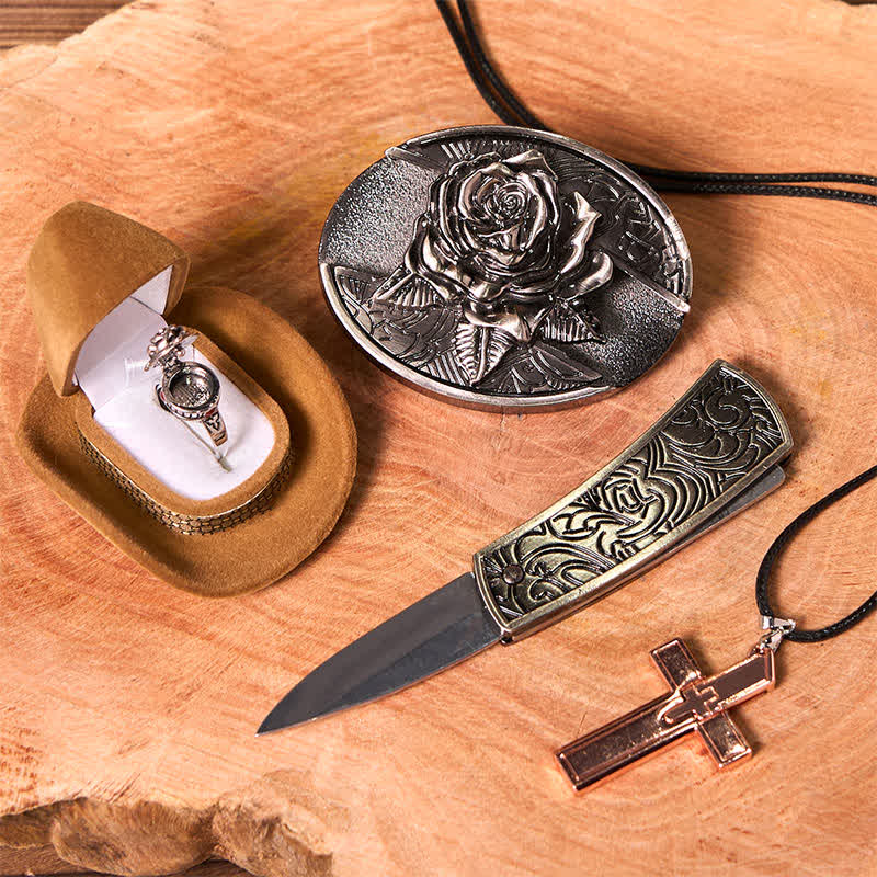 Set di anelli con ciondolo a croce, fibbia per cintura con coltello nascosto fai da te a tema rosa