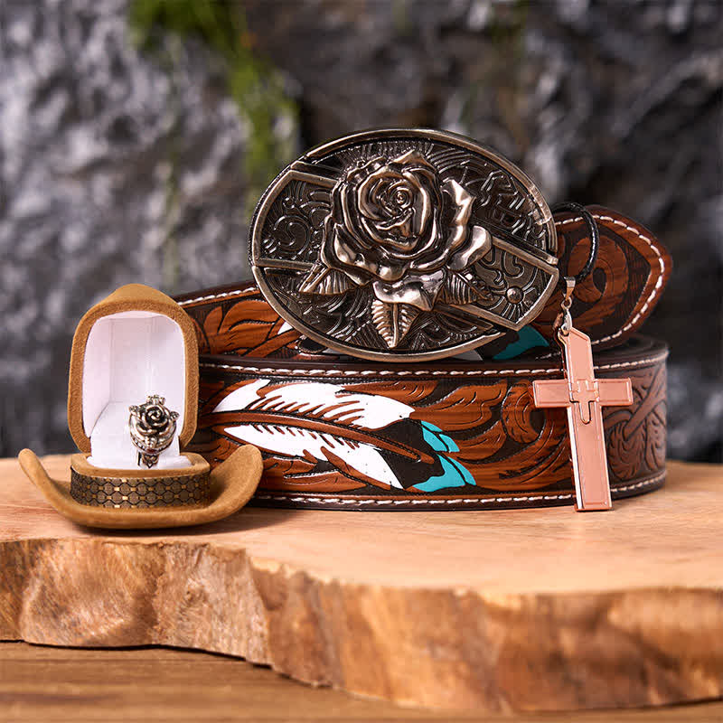 Set di anelli con ciondolo a croce, fibbia per cintura con coltello nascosto fai da te a tema rosa - Rosa - Cintura di piume marroni - 40 - image 7