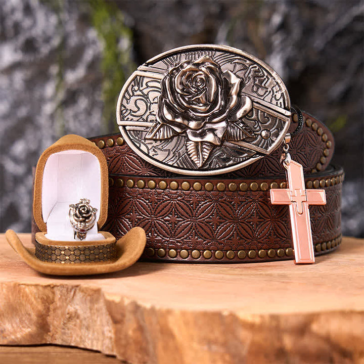 Set di anelli con ciondolo a croce, fibbia per cintura con coltello nascosto fai da te a tema rosa - Rosa - Cintura con rivetti marroni - 42 - image 5
