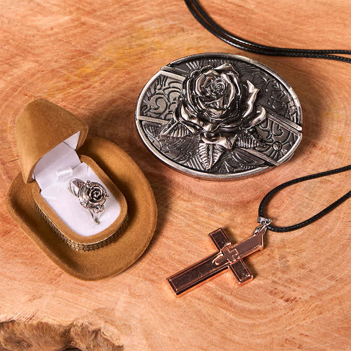 Set di anelli con ciondolo a croce, fibbia per cintura con coltello nascosto fai da te a tema rosa