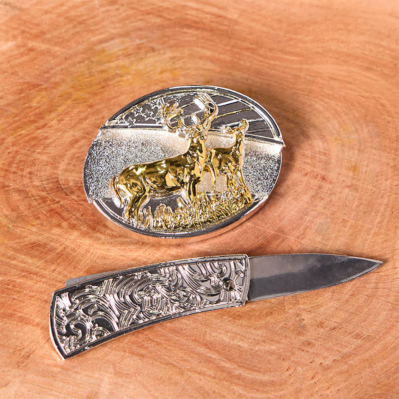 Cintura in pelle con coltello pieghevole nascosto in oro e argento fai da te da uomo con cervi
