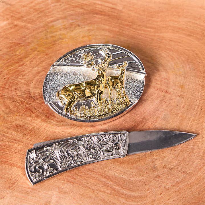 Cintura in pelle con coltello pieghevole nascosto in oro e argento fai da te da uomo con cervi