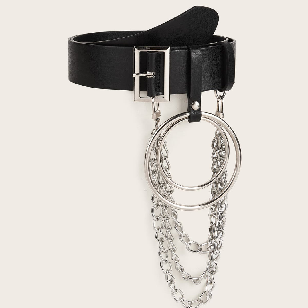 Cintura in pelle punk con cintura a catena in metallo con anello rotondo