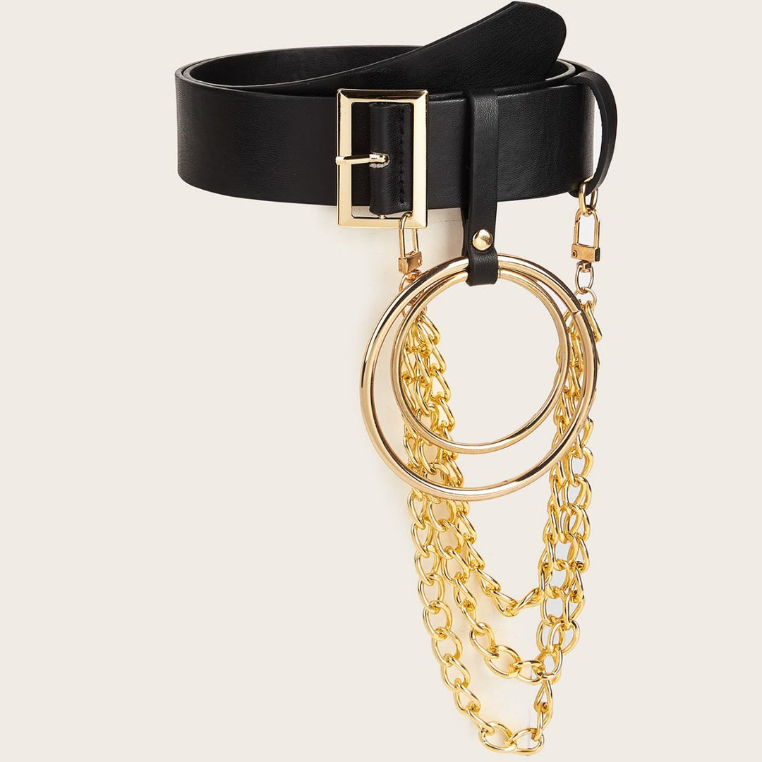 Cintura in pelle punk con cintura a catena in metallo con anello rotondo
